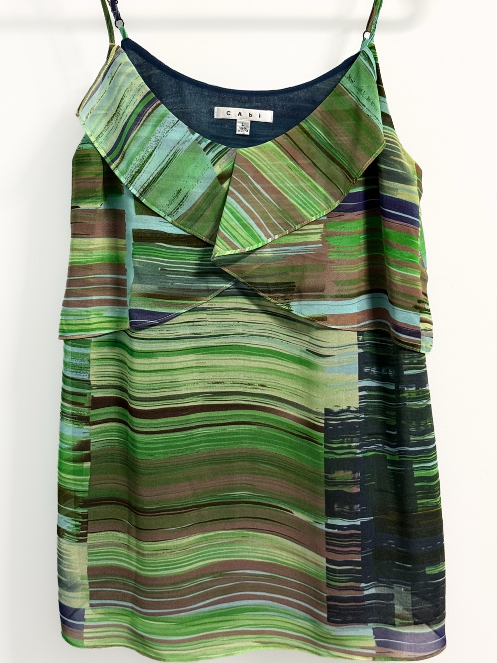 Cabi Ruffle Cami Top L Abstract Stripe Green Blue Sheer Layered